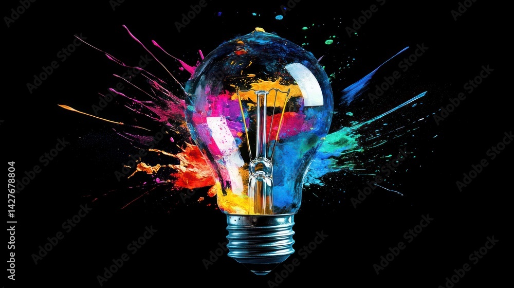 Poster illuminating concept of creative expression a vibrant lightbulb exploding with colorful paints symbo