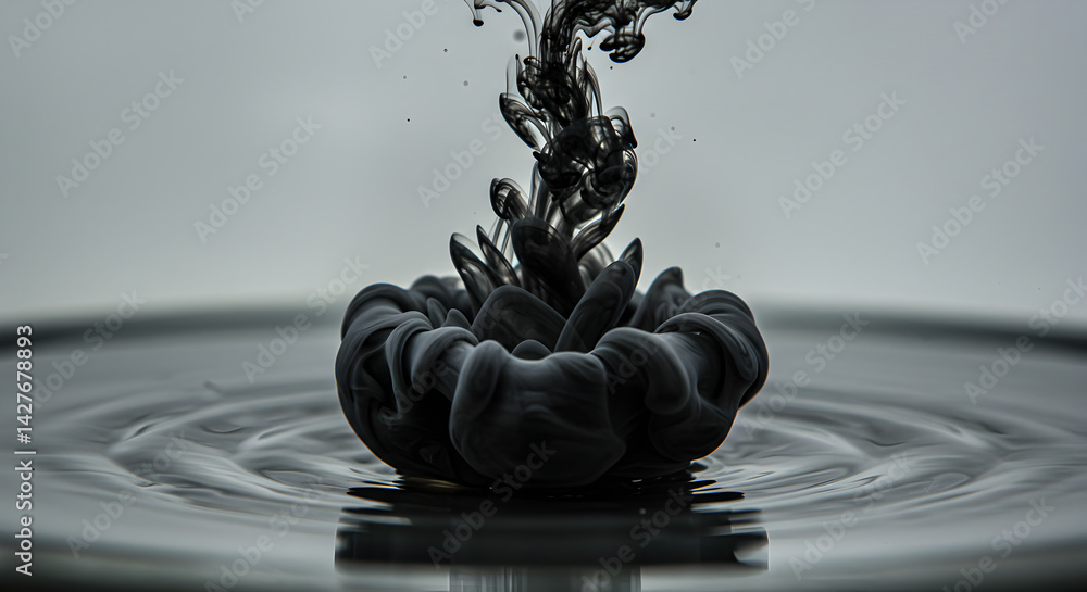 Poster black ink dissolving creating unique shapes underwater isolated background