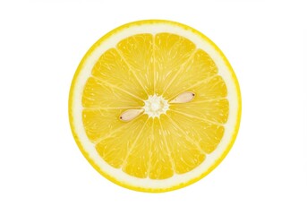 Close up of a lemon slice showing the pulp seeds and rind on a white background in bright light