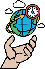 A hand holding a globe with a clock on it