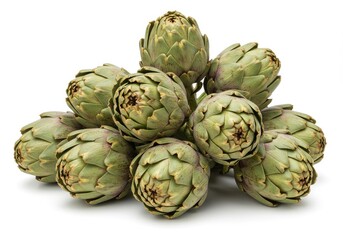 Obraz premium A pile of fresh green artichokes stacked together on a plain white surface in a studio setting view