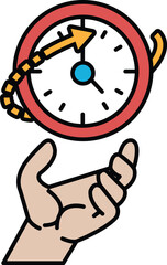 A hand holding a clock with the hands pointing to the number 12