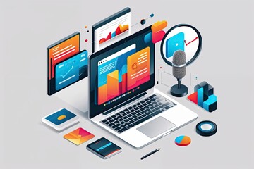Effective Branding Strategy Visualization Using Laptop Microphone and Isometric Vector Elements for Marketing and Web Design