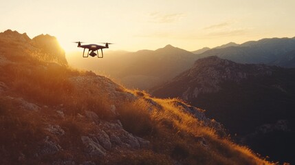 Drone Soaring Above Golden Mountain Sunset: A Serene Aerial View