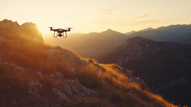 Drone Soaring Above Golden Mountain Sunset: A Serene Aerial View