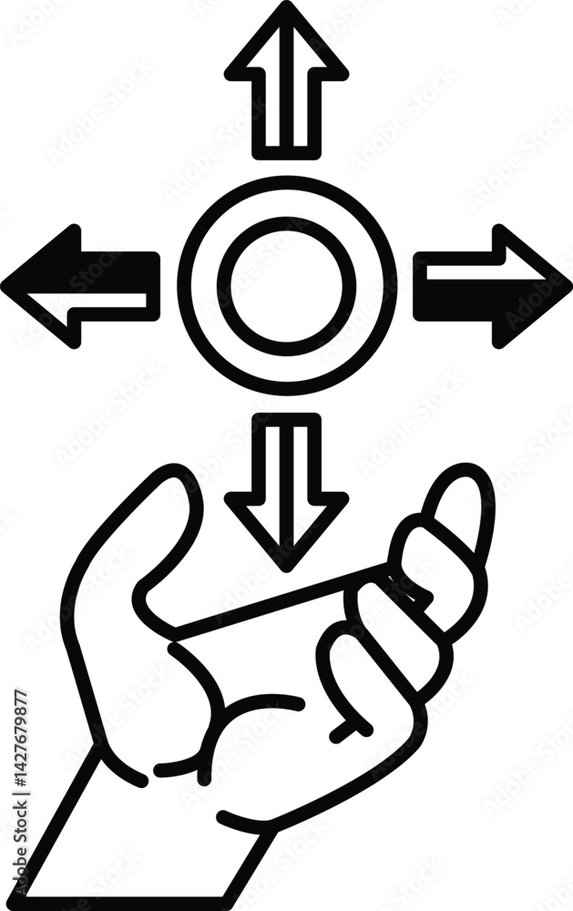 Poster hand is holding a coin with four arrows pointing in different directions