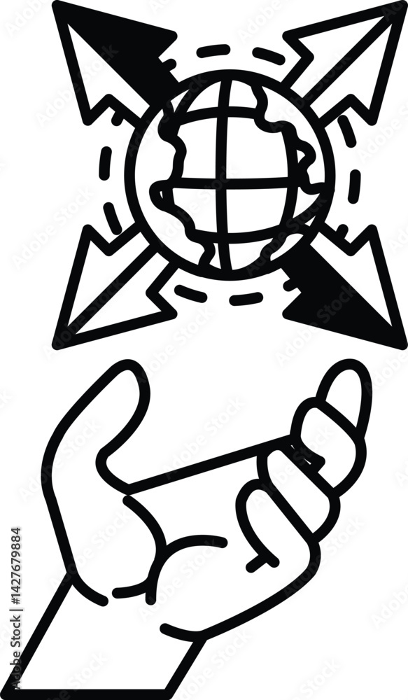 Poster hand is holding a globe with four arrows pointing in different directions