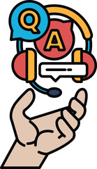 A hand holding a headset with a Q and A on it