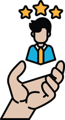 A hand is holding a man in a blue shirt and tie