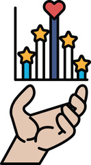 A hand holding a heart and stars