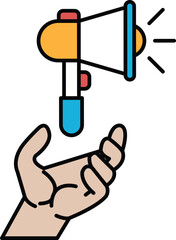 A hand holding a microphone with a big speaker on top of it