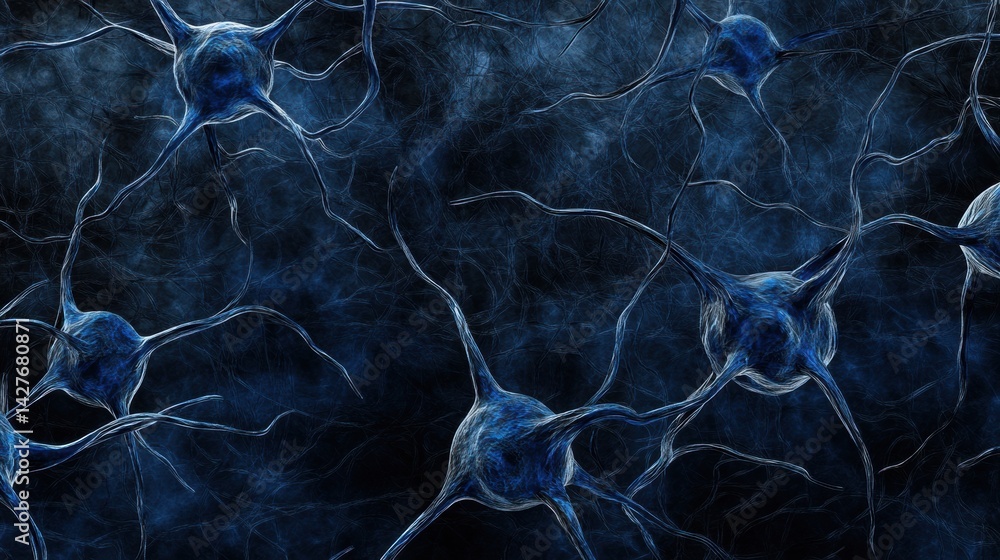 Poster a detailed illustration of neurons, showcasing their intricate structures against a dark background,