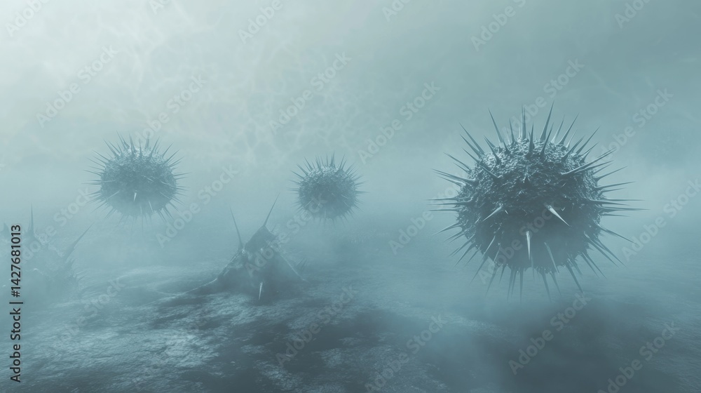 Poster a surreal scene depicting spiky, spherical entities floating in a misty environment, evoking a sense
