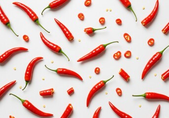 Overhead view of red chili peppers and sliced pieces on a white surface in a studio setting