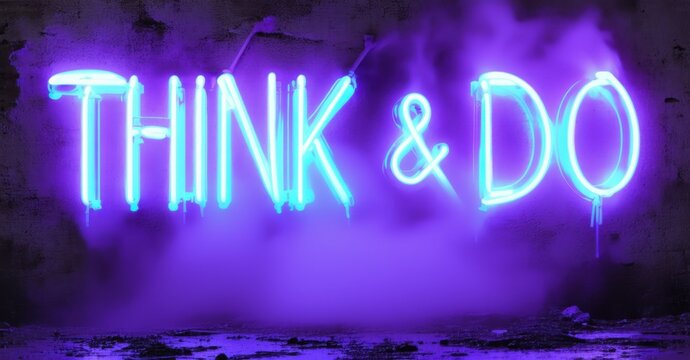 Naklejki Chunky glowing think and do in purple and cyan neon mounted above rough cement with fog trails and ambient light effects