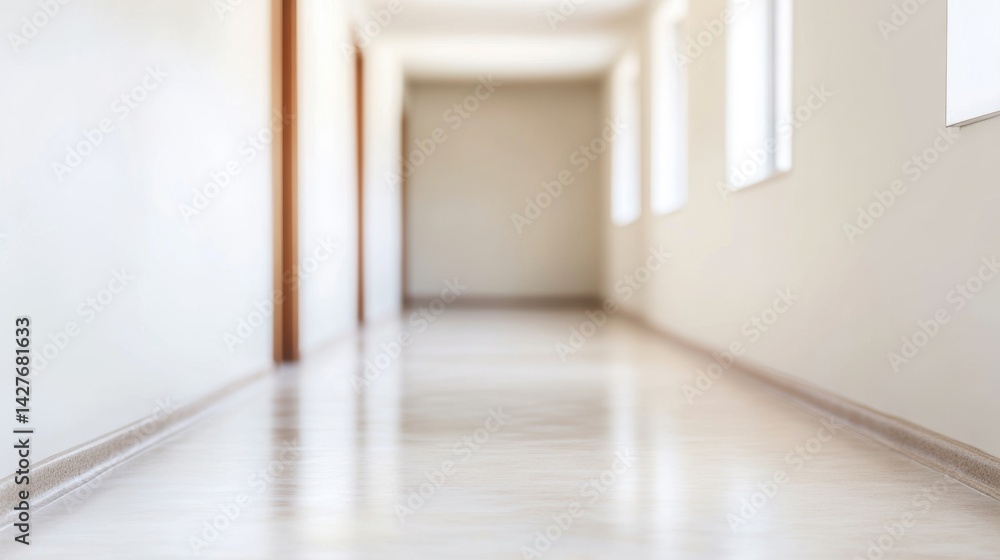 Poster a modern, minimalistic corridor with soft lighting and neutral walls, creating a calm and spacious a