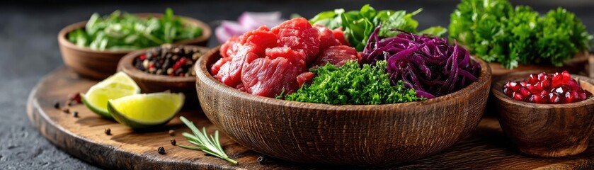 Panorama of fresh pet food featuring raw and healthy concept. Fresh ingredients arranged in bowls for healthy meal preparation.