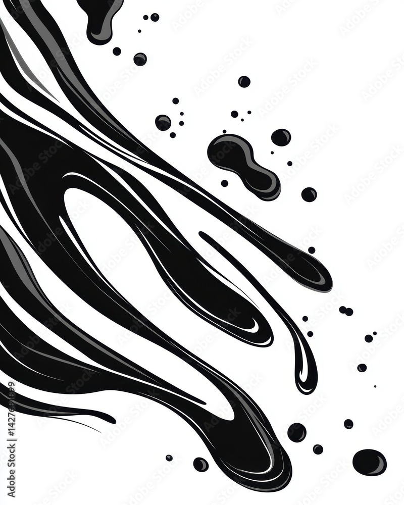 Poster abstract black fluid shapes on a white background, resembling paint or ink splashes, creating a dyna