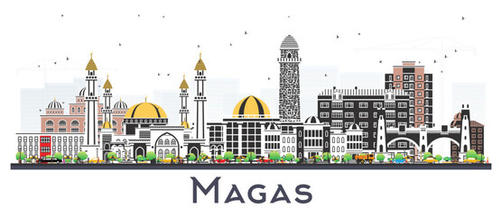 Magas Russia city skyline with color buildings isolated on white. Magas cityscape with landmarks. Business travel and tourism concept with modern and historic architecture.