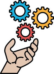 A hand holding three gears, one of which is red