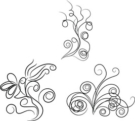 Three Abstract Floral Designs Swirls Line Art Illustrations