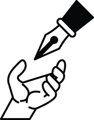 pen is shown with a hand reaching out to it