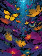 Colorful illustration showing butterflies and flowers in a fantasy setting at night.