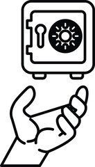 A hand holding a safe in line art style