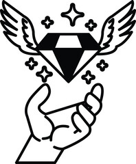 hand holding a diamond with wings above it