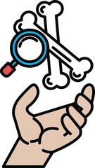 A hand holding a magnifying glass over a skeleton