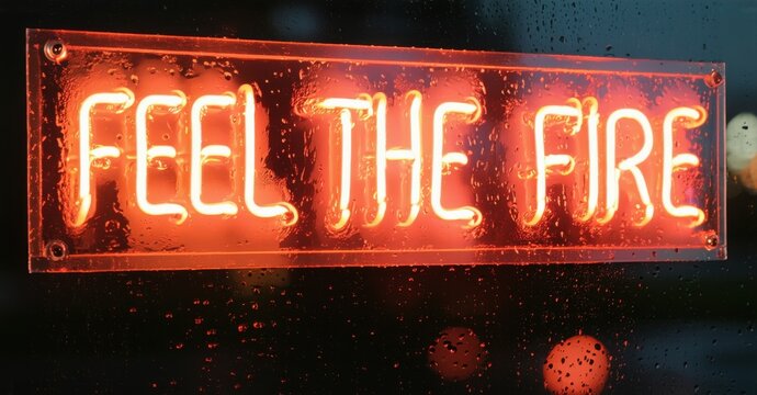 Naklejki Chunky neon text feel fire in hot red orange mounted on foggy glass window subtle water droplets and glowing light diffusion