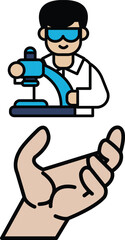 A cartoon of a man in a lab coat holding a microscope