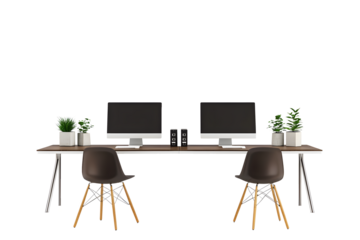 Modern workspace featuring a large wooden desk, sleek computers, and stylish chairs, perfect for collaboration and productivity isolate on transparent background, PNG