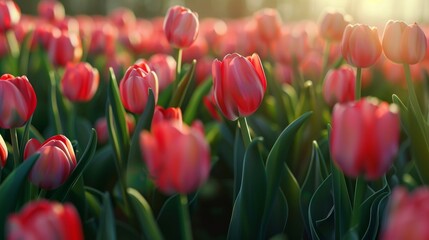 Tulips field on sunny day. Tulip. field. Flowers. Flower
