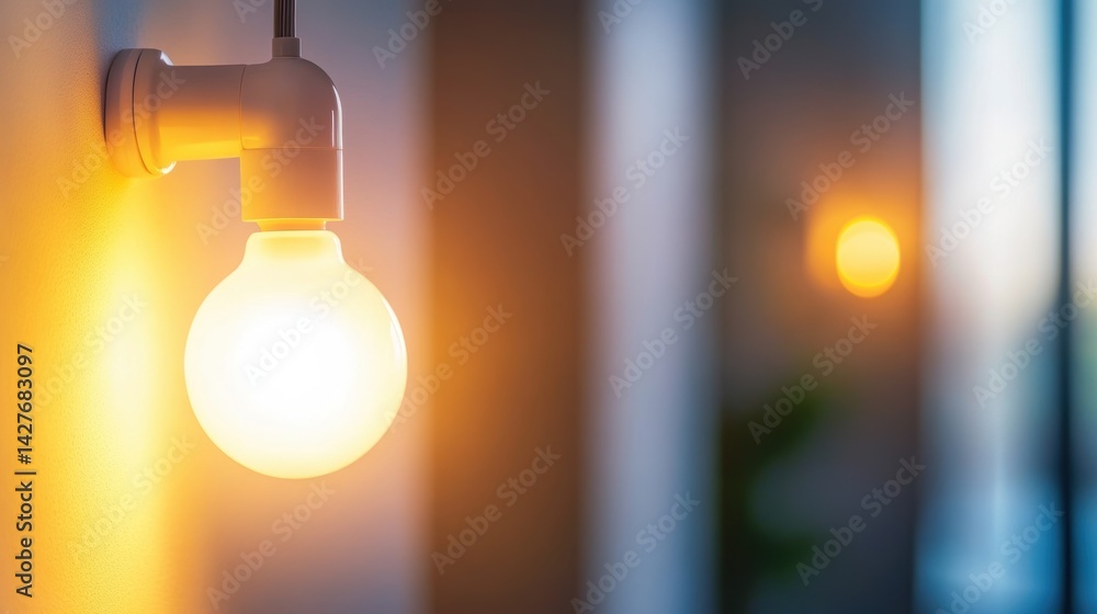 Poster a softly glowing light bulb mounted on a wall, creating a warm ambiance in a modern, minimalistic se