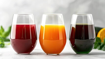 Fruit juices of different color white background ,three glasses of wine isolated on white background 
