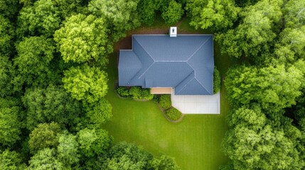 Aerial view of a modern home surrounded by lush greenery, showcasing a manicured lawn and a striking blue roof amidst a dense forest.