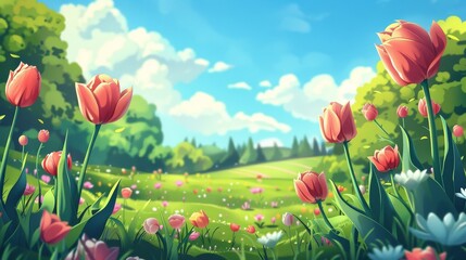 Tulips field on sunny day. Tulip. field. Flowers. Flower
