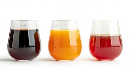 Fruit juices of different color white background ,three glasses of wine isolated on white background 
