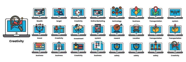 Set of illustrations in the concept of computers and business objects in line art style