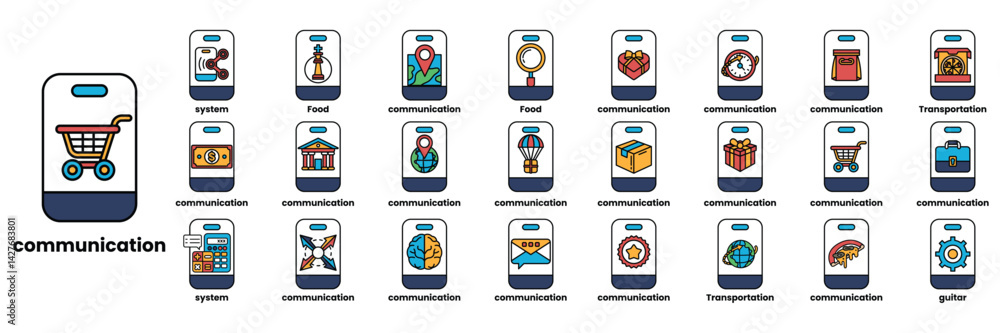 Poster set of illustrations in the concept of smartphones and business objects in line art style