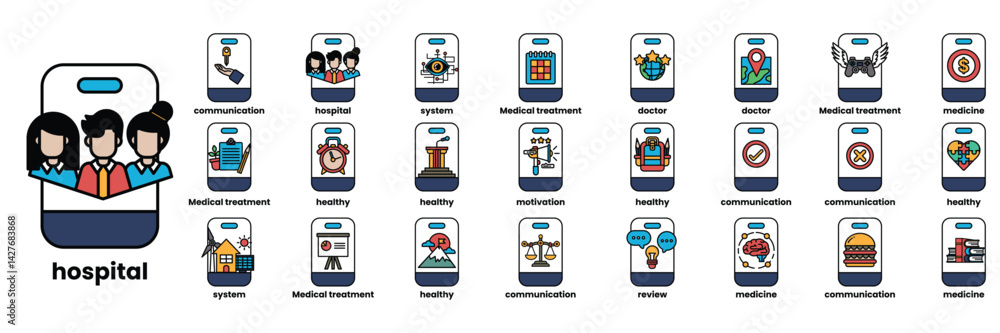 Poster set of illustrations in the concept of smartphones and business objects in line art style