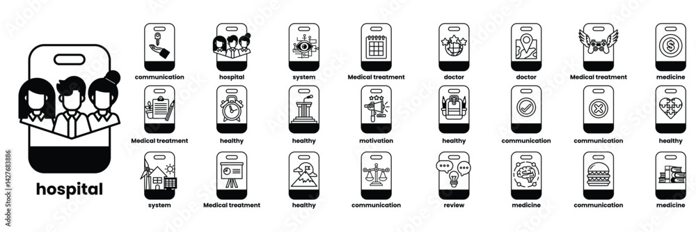 Poster set of illustrations in the concept of smartphones and business objects in line art style