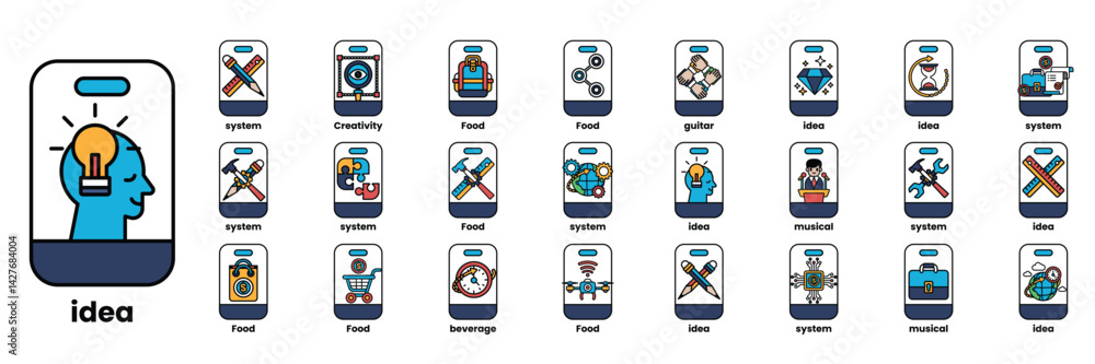 Poster set of illustrations in the concept of smartphones and business objects in line art style