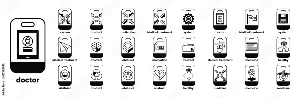 Poster set of illustrations in the concept of smartphones and business objects in line art style