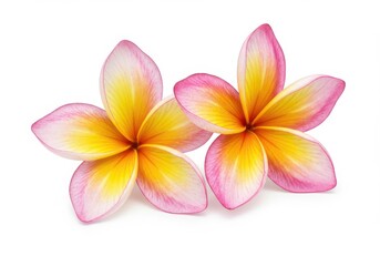 Fototapeta premium Two frangipani flowers with pink edges and yellow centers on a white background in close up view