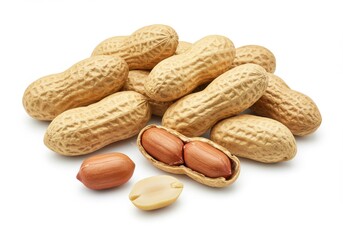 A pile of peanuts in shells and some shelled peanuts on a white background in a studio shot