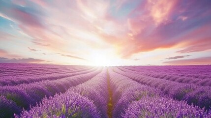 Obraz premium Endless Lavender Field Under Colorful Sky at Sunrise