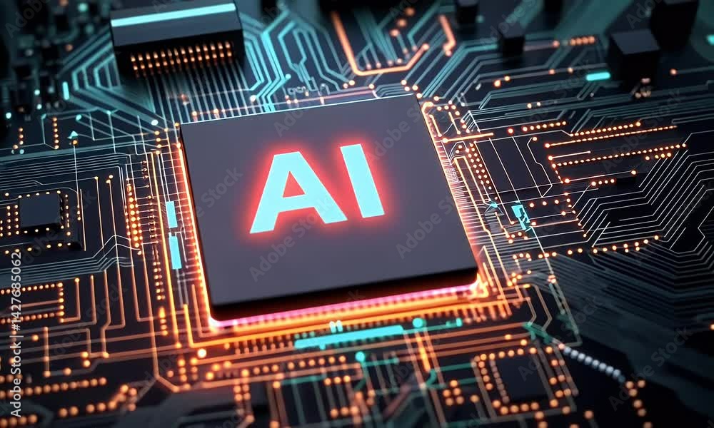 Poster a chip with the letters ai glowing on top of it, surrounded by circuitry and digital data streams, s