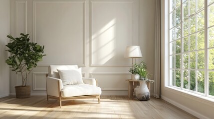 Fototapeta premium Light-filled, classic living room with a comfortable armchair